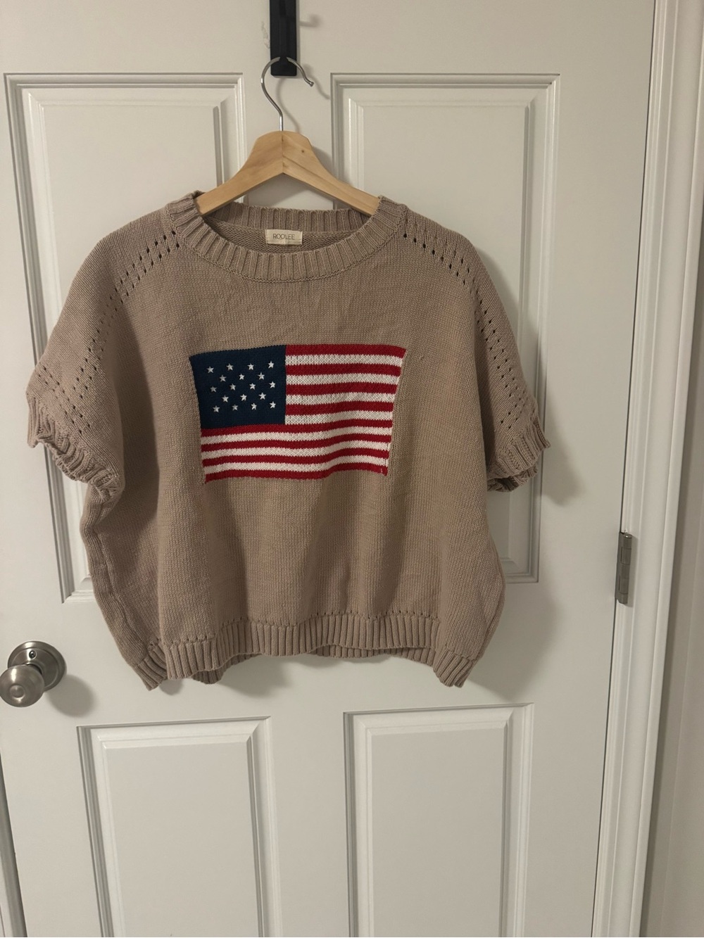 Roolee Taupe Short-Sleeve Crew Sweater with Flag Motif